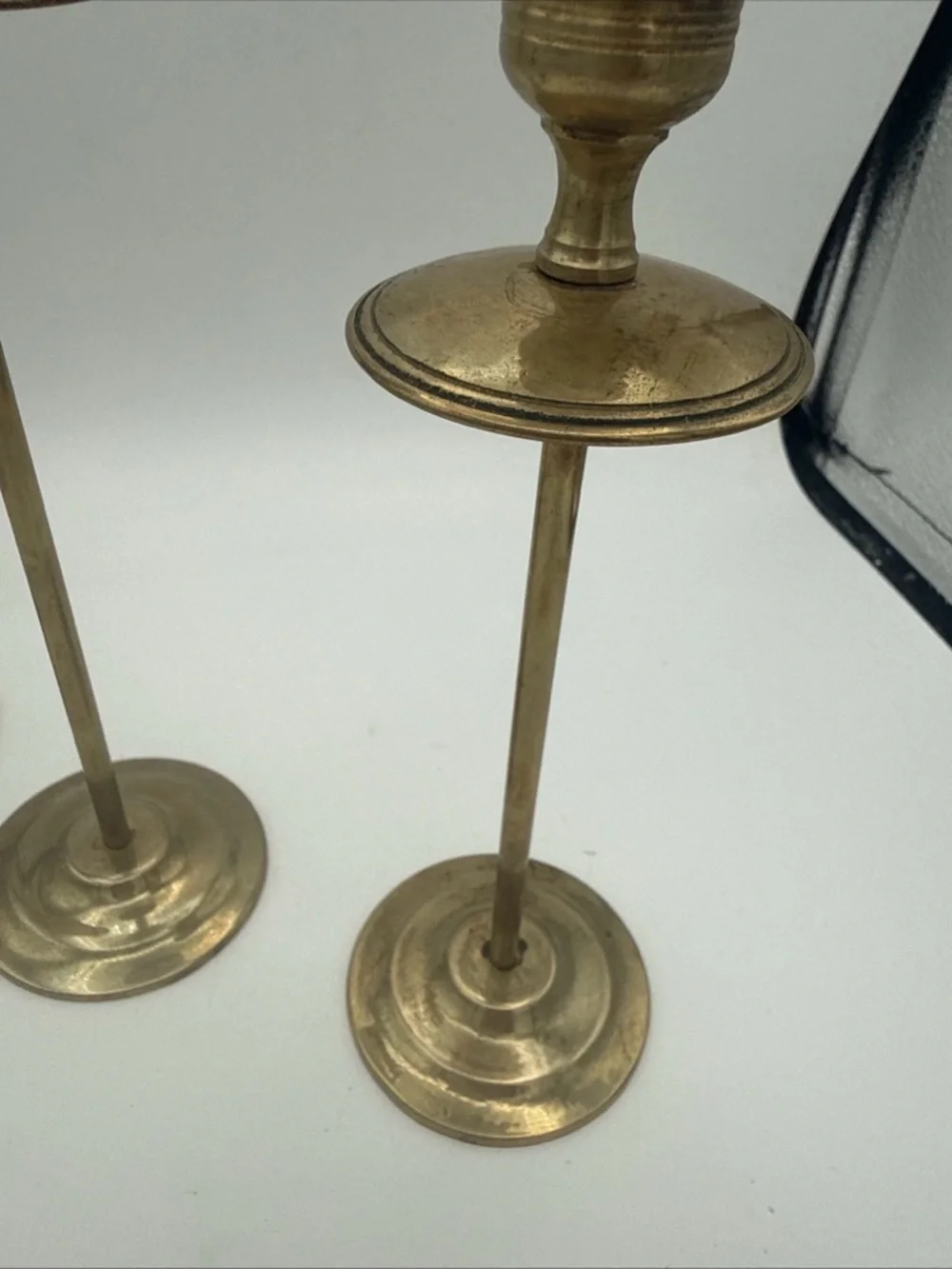 3 VTG Brass graduated MCM Taper Candle Holders Patina 10”, 9”, 8” minimalist